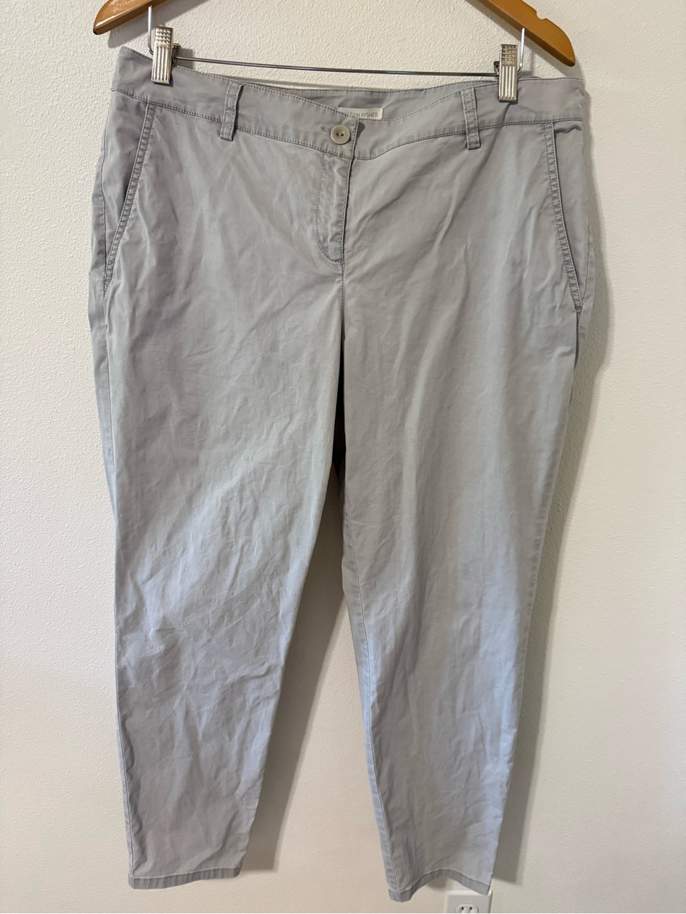 Eileen Fisher Straight Tapered Leg Ankle Trouser Pants Light Gray Cotton-Large